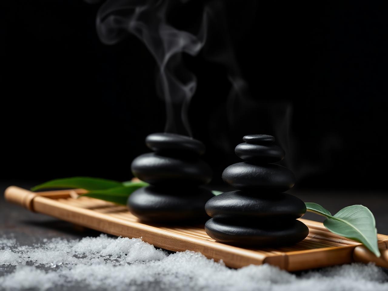 Warm stones on bamboo
